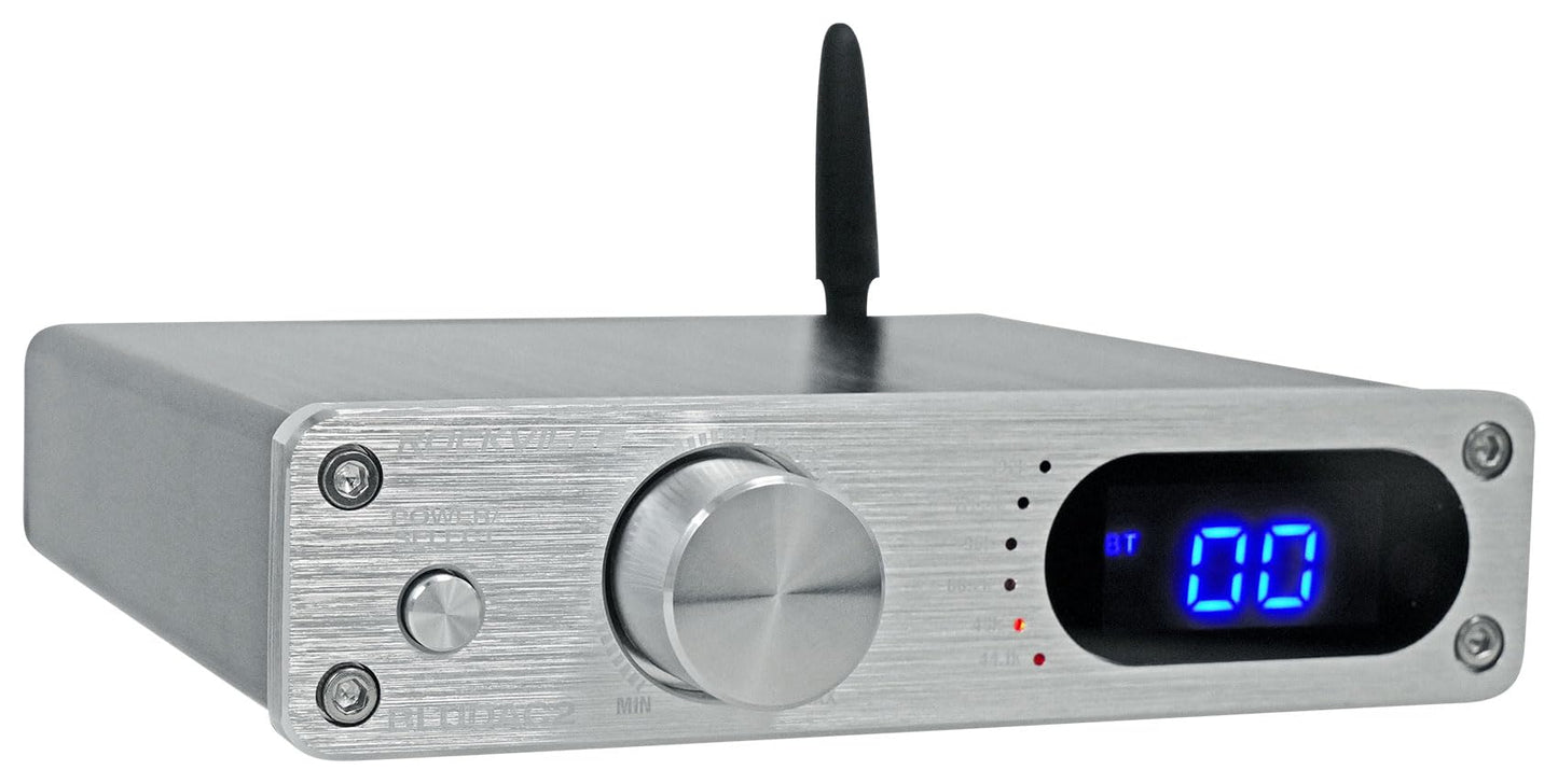 Rockville BLUDAC2S 150W Hi-Res 192K Amplifier Bluetooth Receiver w/USB, Optical, Coax, Sub Out, Class-D, DSP EQ, Remote, Brushed Aluminum, Compact