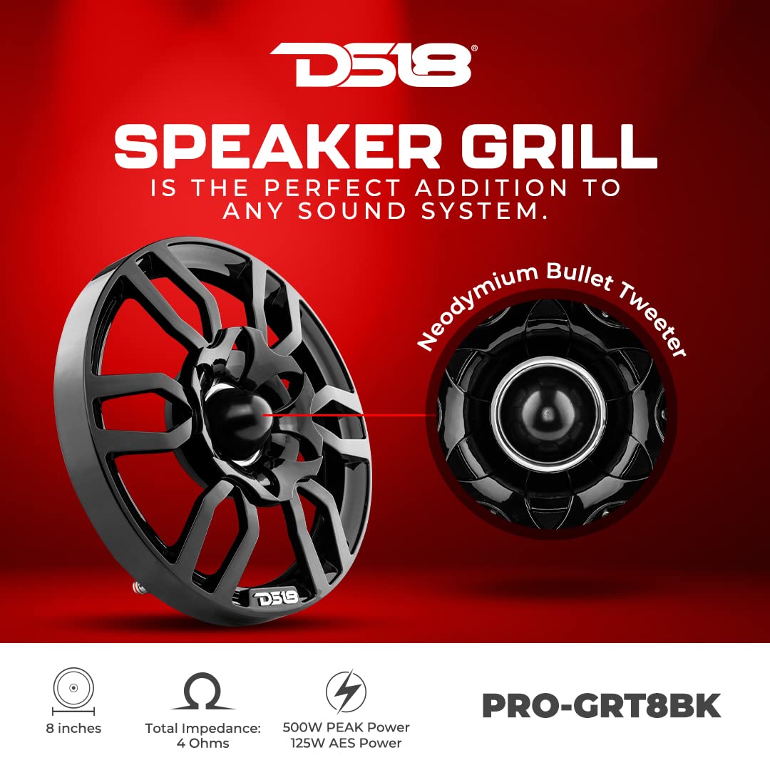 DS18 PRO-GRT8BK PRO 8" Speaker Grill Cover with Built-in 1.75" Voice Coil Neodymium Bullet Tweeter 500 Watts Glossy Black Finish - Single
