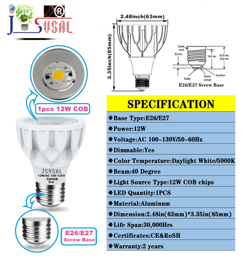 JSVSAL PAR20 LED Bulb,Daylight White 5000K,12W AC 120V,Dimmable,2-Pack