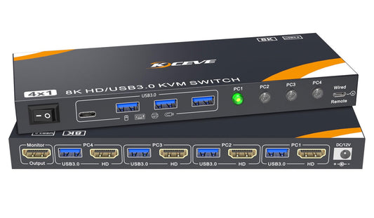 KCEVE USB 3.0 KVM Switch 4 Computers 1 Monitor HDMI 8K@60Hz, 4K@144Hz, KVM Switch 4 Port for 4 Computer Share Keyboard Mouse, Power Adapter, Wired