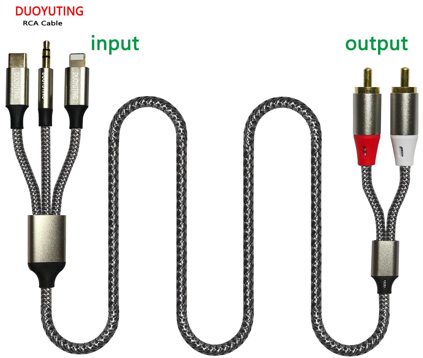 DUOYUTING 3 in 1 Audio Cable, iOS Phone/3.5mm AUX/USB C to 2 RCA,Stereo Audio Adapter for iPhone/Type C Phone/AUX to Amplifier/Sound Box & Home