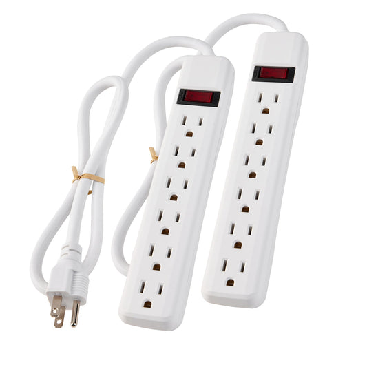 PowerEnvy 6-Outlet Surge Protector 2pk - 250 Joules, 2ft Cord, 15A/125V, 1875W Max - Right Angle Plug, Black - Home, Office, & Electronics Protection