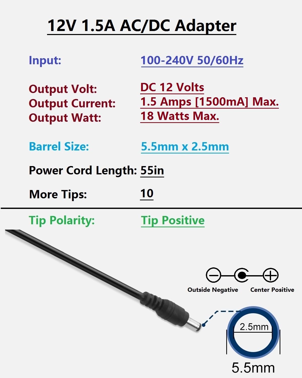 Arybroourd DC 12 Volt 1.5 Amp Switching Power Supply, 100-240V 50-60Hz AC to DC 12V 1.5A 18W Power Supply Cord Adapter with 5.5mm x 2.5mm Barrel…