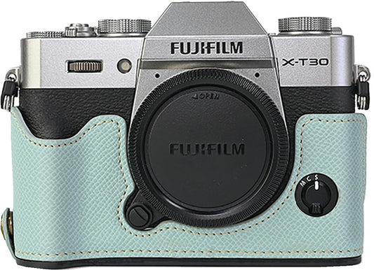 X-T30 Case, BMAOLLONGB Handmade PU Carbon Fibre Leather Half Camera Case Bag Cover Bottom Opening Version for Fujifilm X-T30 XT30 with Hand Strap