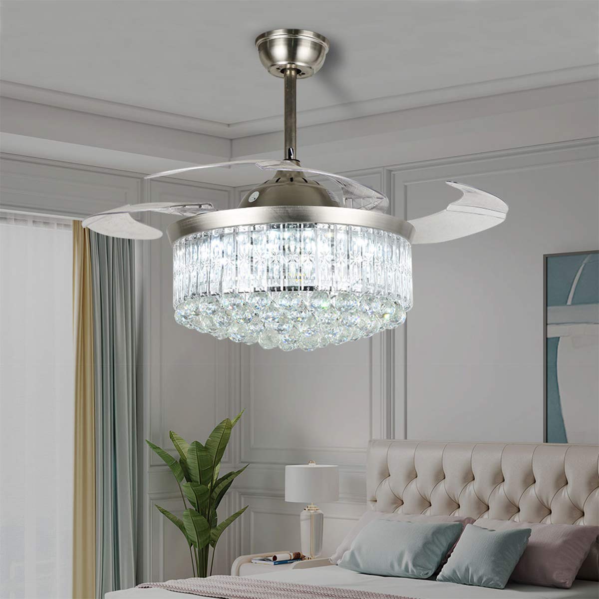 Cretifity Crystal Chandelier Fan with Light, 42" Modern Fandelier Ceiling Fan with Retractable Blades and Remote Control, 3 Speed and Light Adjustable