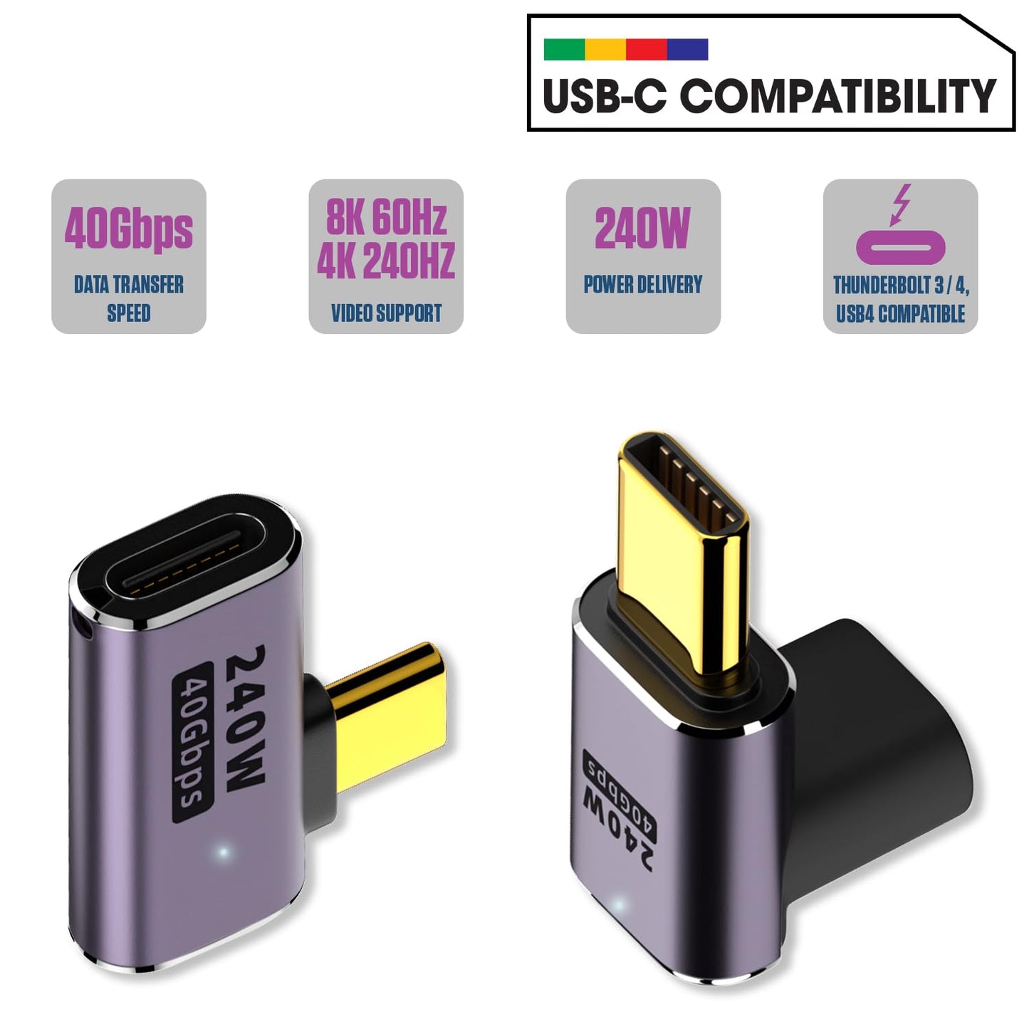 Cellet 90° Right Angle USB-C Adapter, 240W PD Fast Charging, 40Gbps Data Transfer, 4K@240Hz, 2-Pack