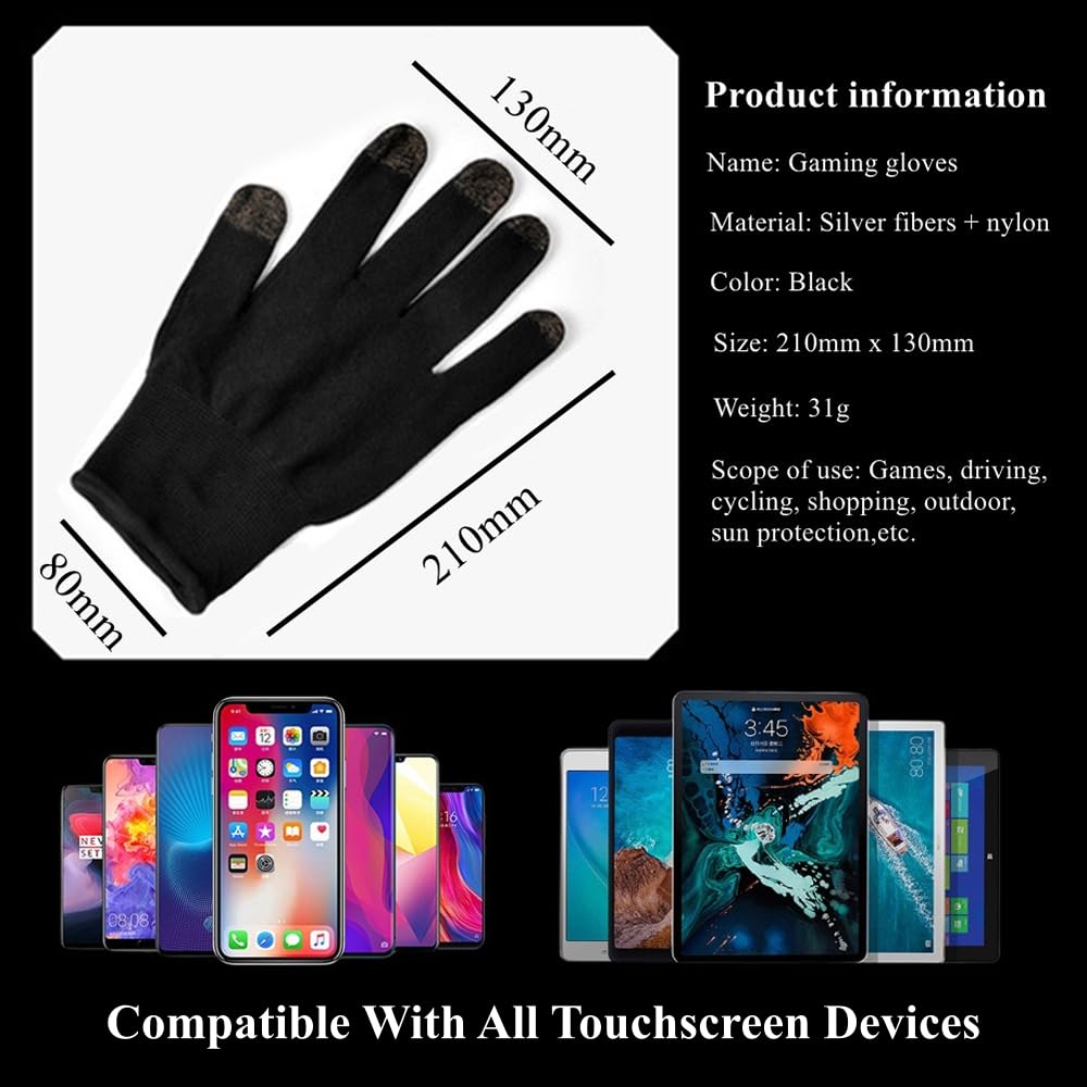 PXIRQ Touchscreen Gloves for Gaming: 0.3mm Silver Fiber Full-Fingertips, Ultra-Thin, Anti Slip & Breathable Seamless Gamer Gloves Sweaty Hands