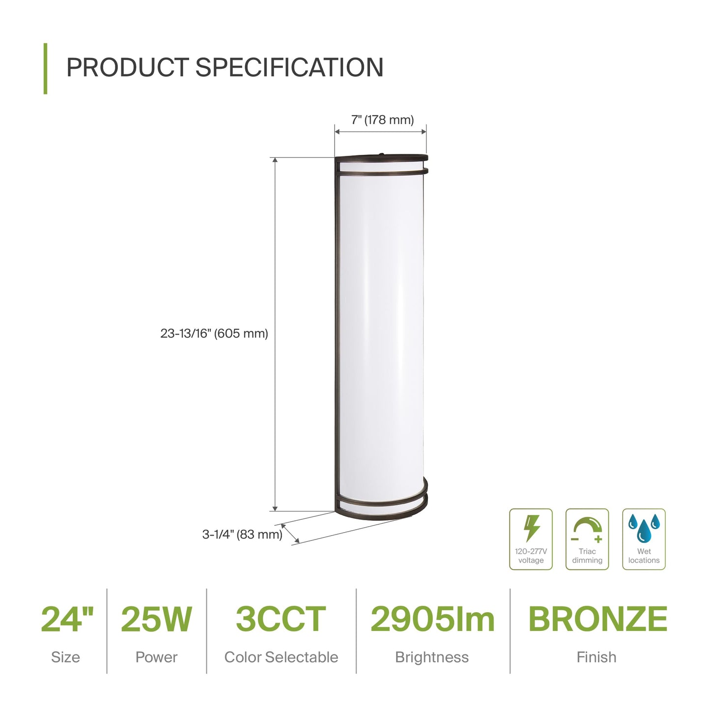ASD 24 Inch LED Outdoor Sconce Lights - 25W 120-277V 3000K 4000K 5000K Bronze Exterior Lighting Fixtures, Dimmable Exterior Lights for House, Modern