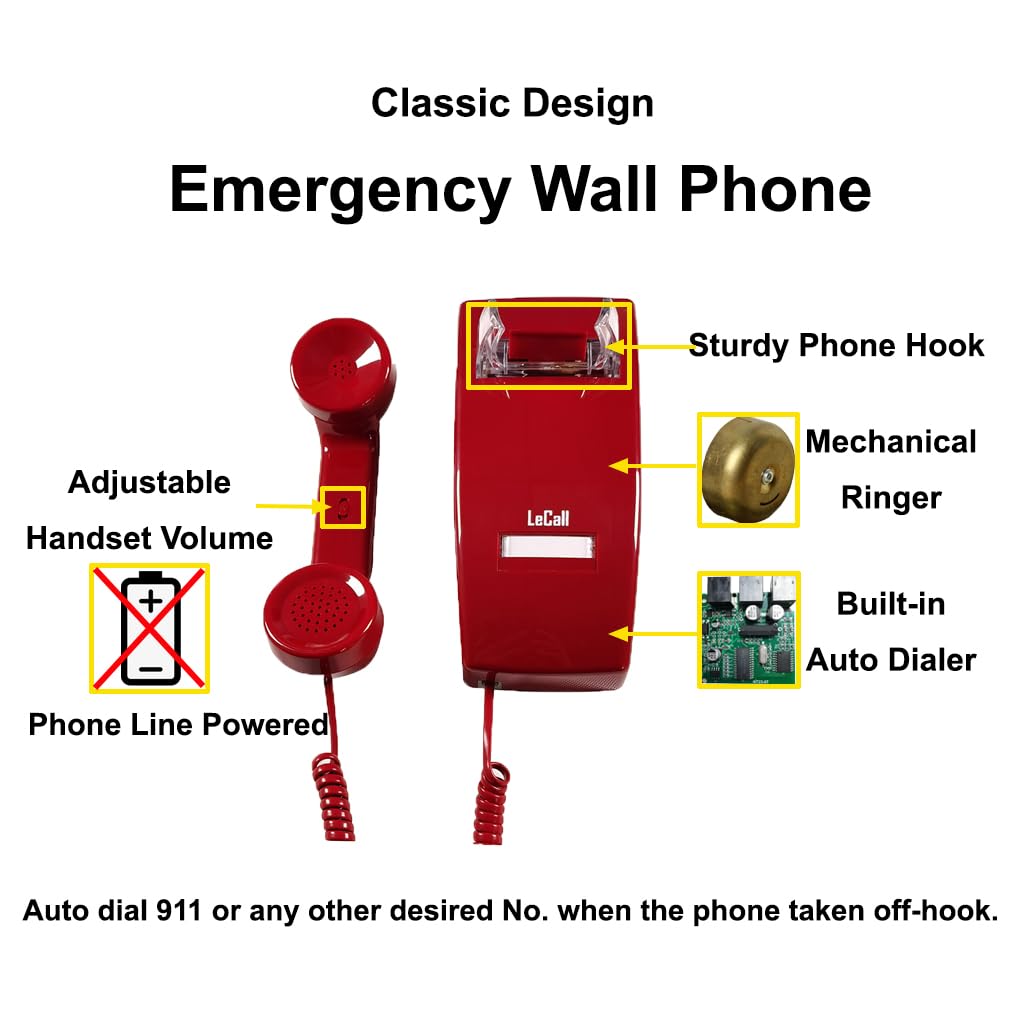 LeCall Emergency Phone/Emergency Wall Phone/Hotline Dialer Telephone, Auto Dial 911 and Programmable, No Dial keypad, TEP301