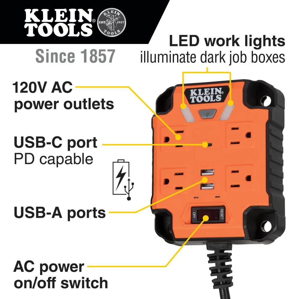 Klein Tools 29601 Magnetic Power Strip with Surge Protector, Extension Cord, 4 Outlets, 3 USB Ports, 5-Foot Cord, Power Supply Box with Light