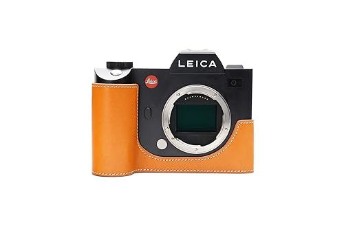 SL Camera Case, BolinUS Handmade Genuine Real Leather Half Camera Case Bag Cover for Leica SL Camera Bottom Opening Version + Hand Strap (Yellow)