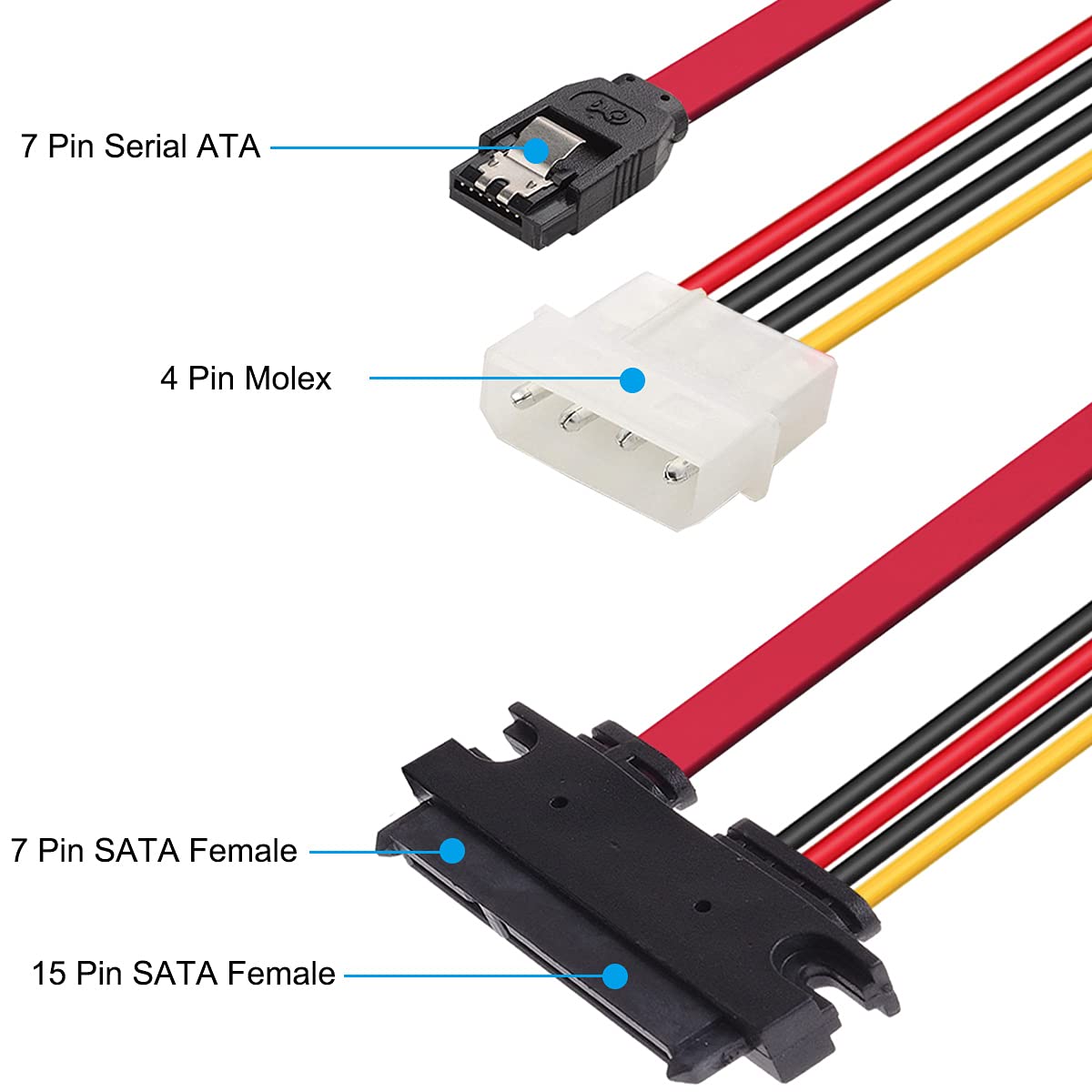 DKARDU 2 Pack SATA Data & Power Combo Cable, 4 Pin IDE LP4 Power + 22 Pin SATA to 7Pin Data Cable for SSD HDD Hard Drive, 30cm/12-inch