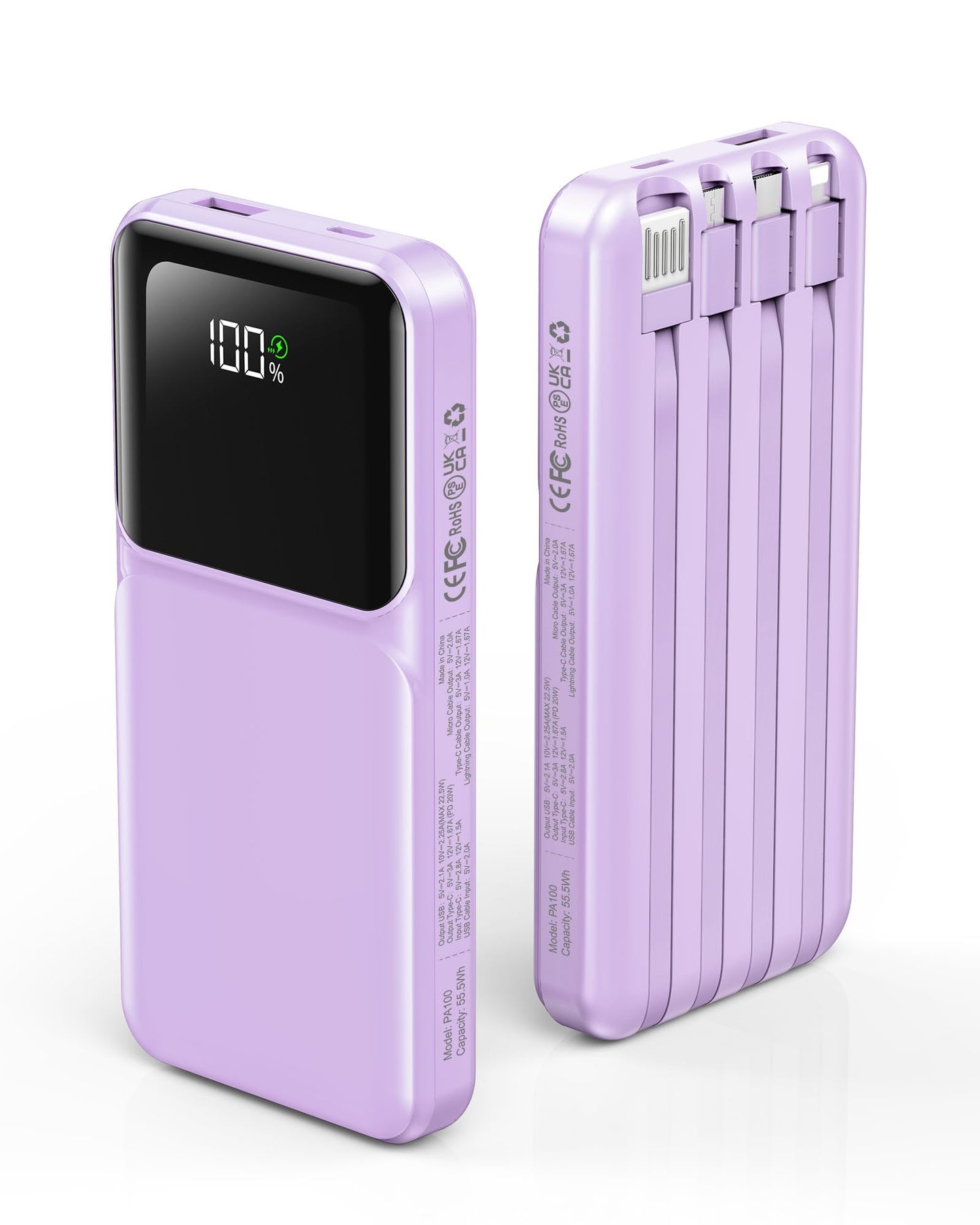 RONEGN Portable Charger with Built in Cable - 22.5W Power Bank Fast Charging USB C LED Display 10000mAh Travel Battery Pack 5 Outputs & 3 Inputs