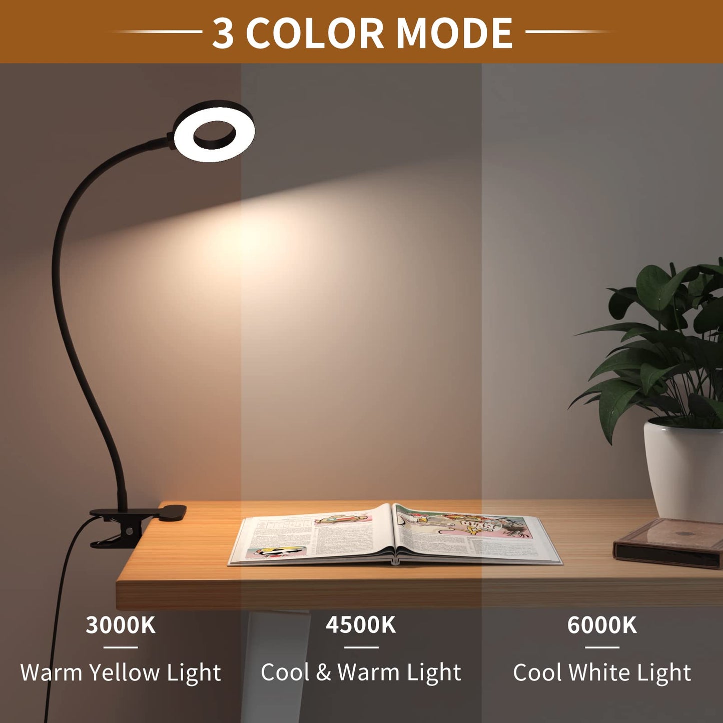 iZELL Desk Lamp, [3 Color Modes & 10 Brightness] LED Reading Light with Clamp, Silicone Flexible Arm Book Light for Kids Reading Book in Bed at Night