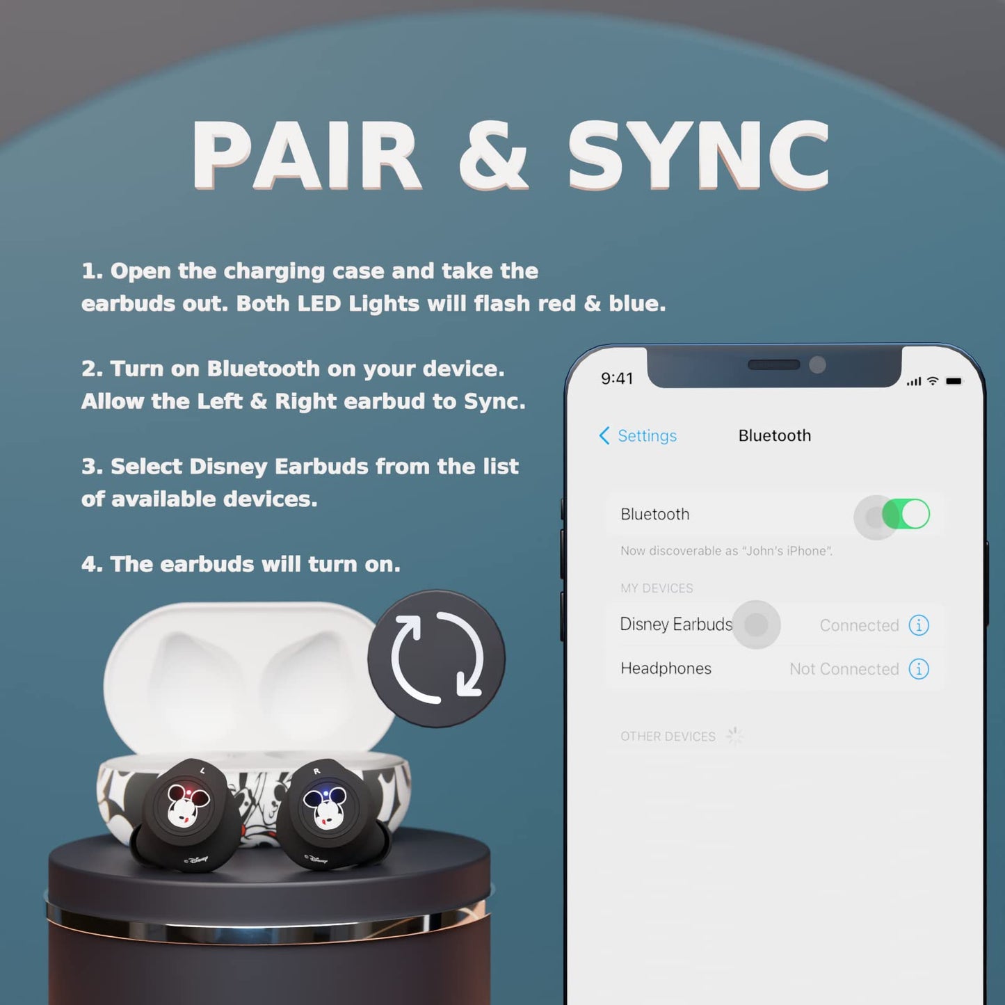 Disney Mickey Mouse Bluetooth Earbuds with Charging Case- Bluetooth Wireless Headset with Built-in Mic and 30 Hours of Playtime- Mickey Mouse Gifts
