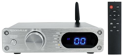 Rockville BLUDAC2S 150W Hi-Res 192K Amplifier Bluetooth Receiver w/USB, Optical, Coax, Sub Out, Class-D, DSP EQ, Remote, Brushed Aluminum, Compact