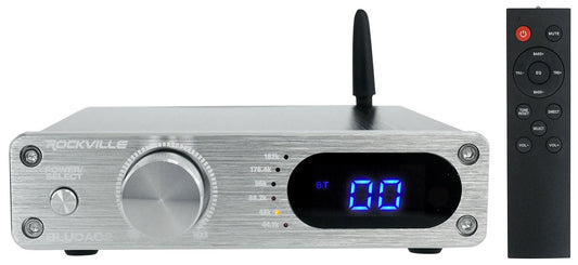 Rockville BLUDAC2S 150W Hi-Res 192K Amplifier Bluetooth Receiver w/USB, Optical, Coax, Sub Out, Class-D, DSP EQ, Remote, Brushed Aluminum, Compact