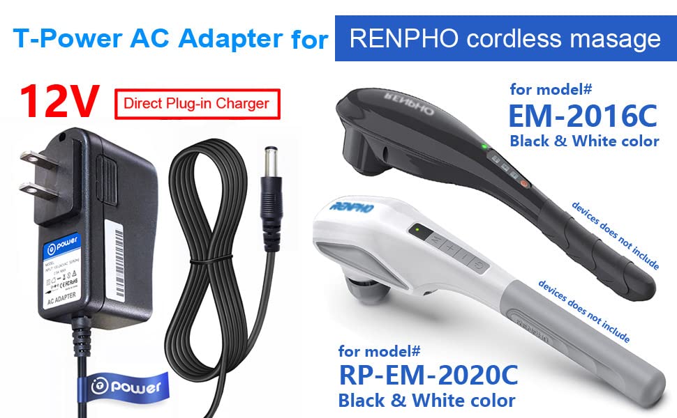 T-POWER Charger for Renpho RP-EM-2020C EM-2016C 2016 RF-EM2018C EM-2018C Cordless Hand Held Deep Tissue Percussion Massager Ac Dc Adapter Power…