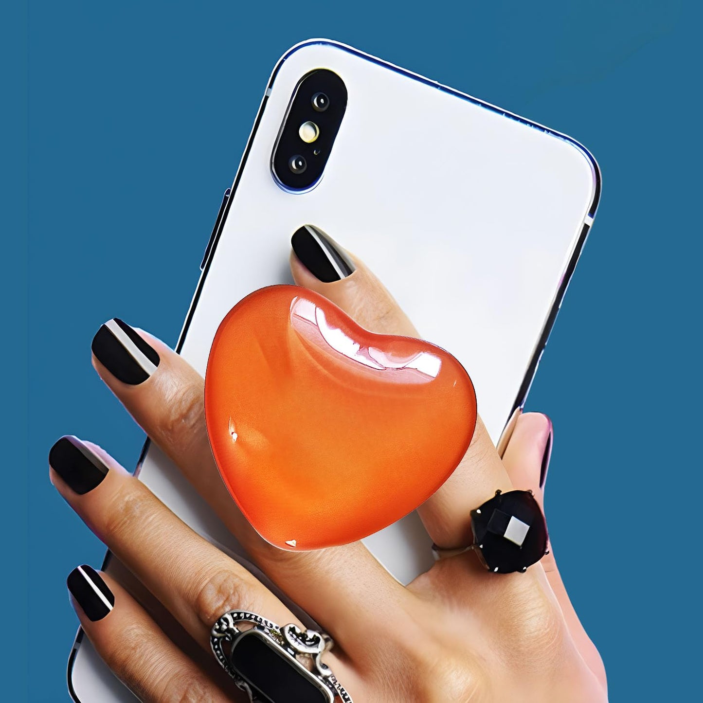 Cute Orange Heart Phone Grip - Large 3D Collapsible Crystal Phone Holder & Stand for Kindle, iPhone 17 16 15 14 13 Pro Max, iPad, Tablet | Phone