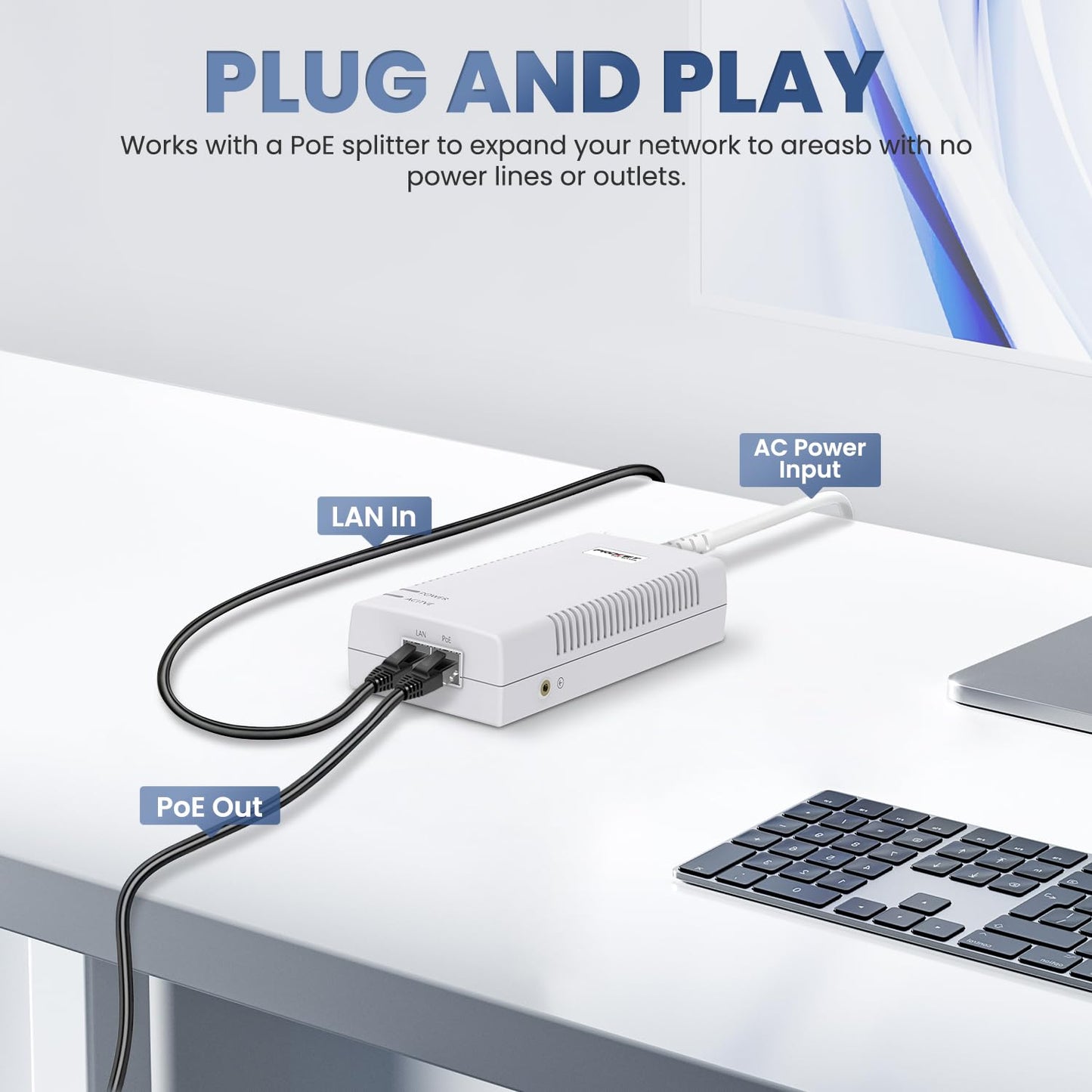 90W PoE Injector Gigabit, Supplies 15.4W or 30W or 60W or 90W IEEE802.3bt/at/af Compliant, PoE Port Supplies 6KV (10/700us) Surge Protection, PoE++