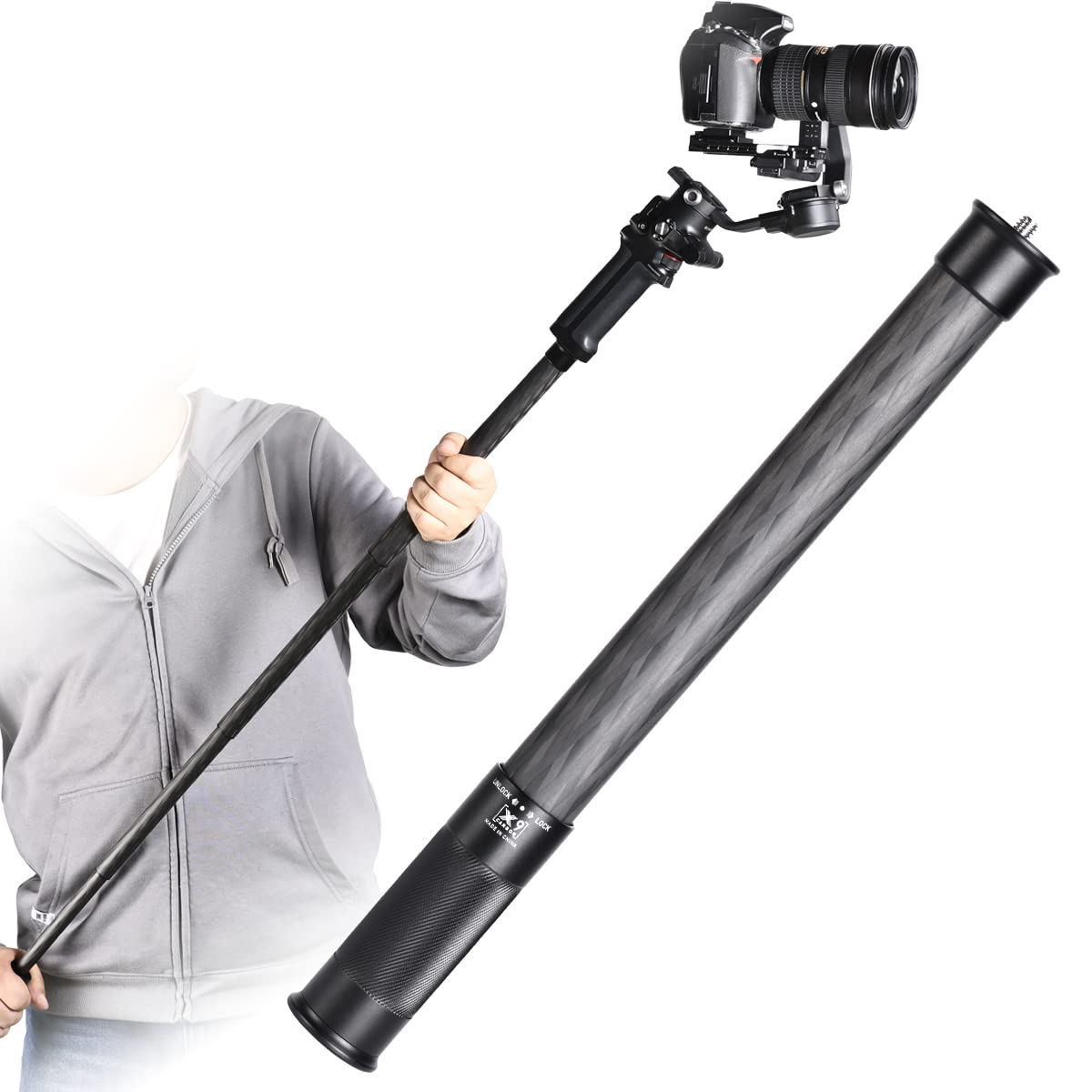SHINEWEE Carbon Fiber Extension Pole - 4-Section Fast Twisting Lock Design | 1/4" Screw Mount for Camera, Phone, Gimbal & Stabilizer | Lightweight