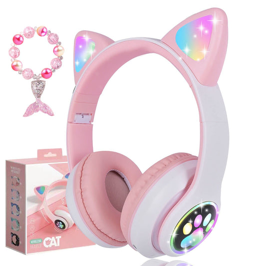 kuyaon Wireless Headphones for Kids, Cat Ear LED Light Up Bluetooth Kids Headphones with Microphone for School/Travel/Sports/Gaming/Gifts/Christmas