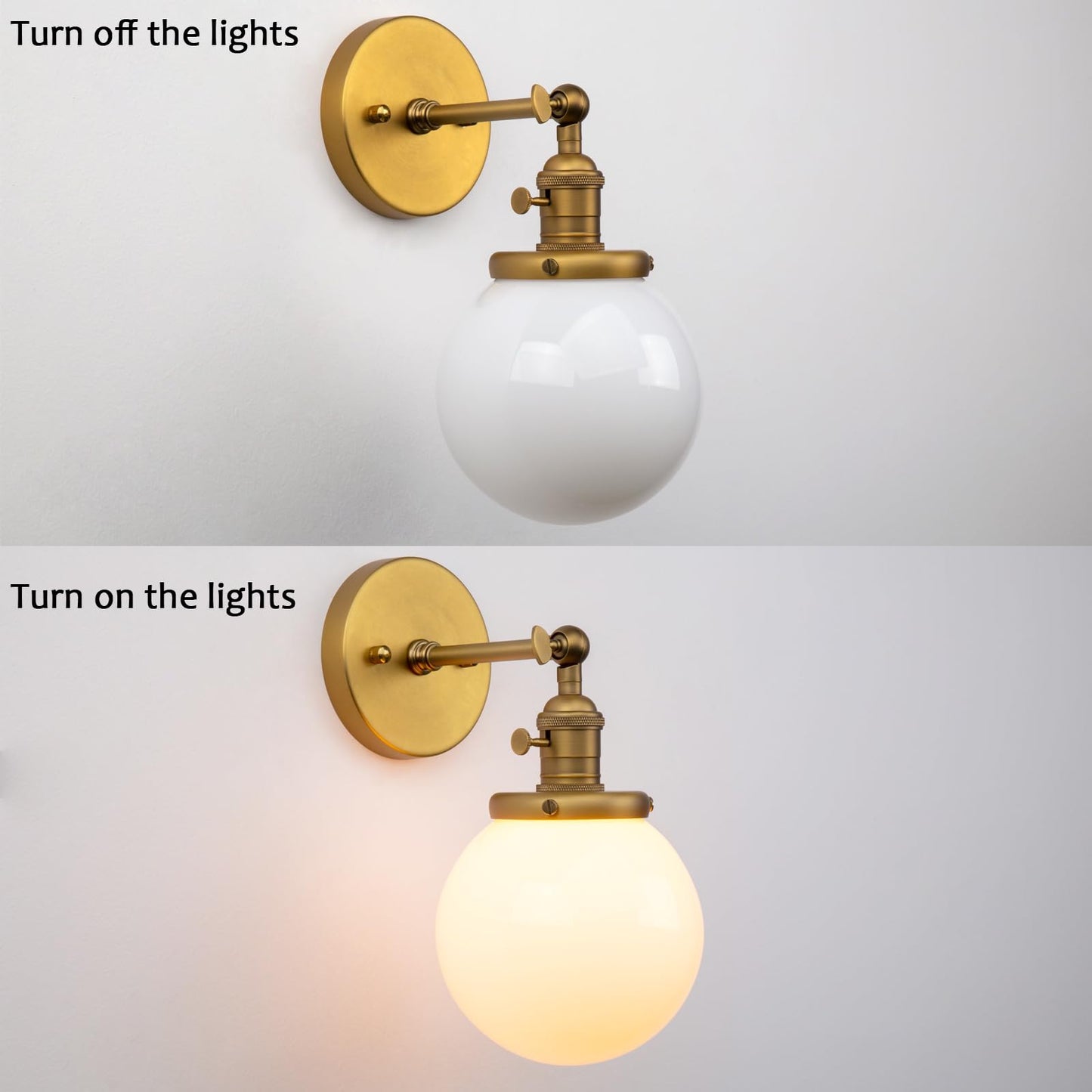 PERMO Vintage Wall Sconce Lighting Fixture with 5.9" Round Globe Milk White Glass Hand Blown Shade Hardwired wall sconces with Switch (Antique Brass)