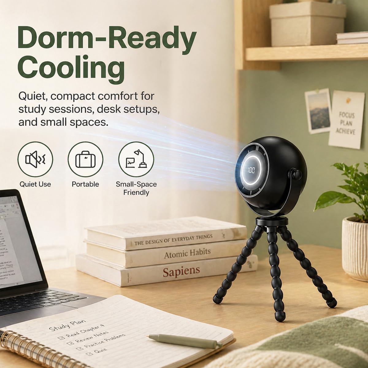 Monsefi Portable Fan with Flexible Tripod, 4000mAh USB Rechargeable Mini Desk Fan with LED Display, 3 Speeds, 3 Light Modes, Clip On Quiet Small Fan