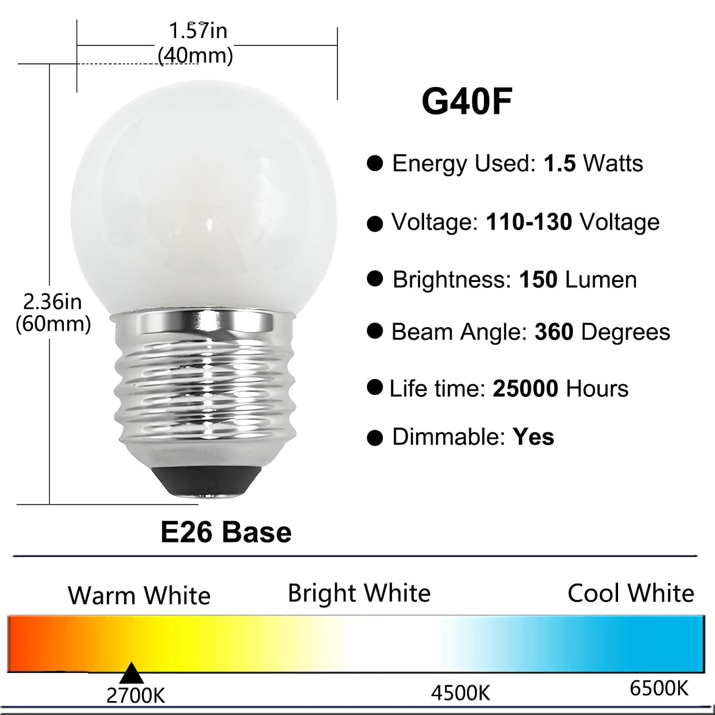 Night Light Bulbs G40 Low Wattage LED Light Bulbs, 1.5W ,E26 Base, 2 Pack