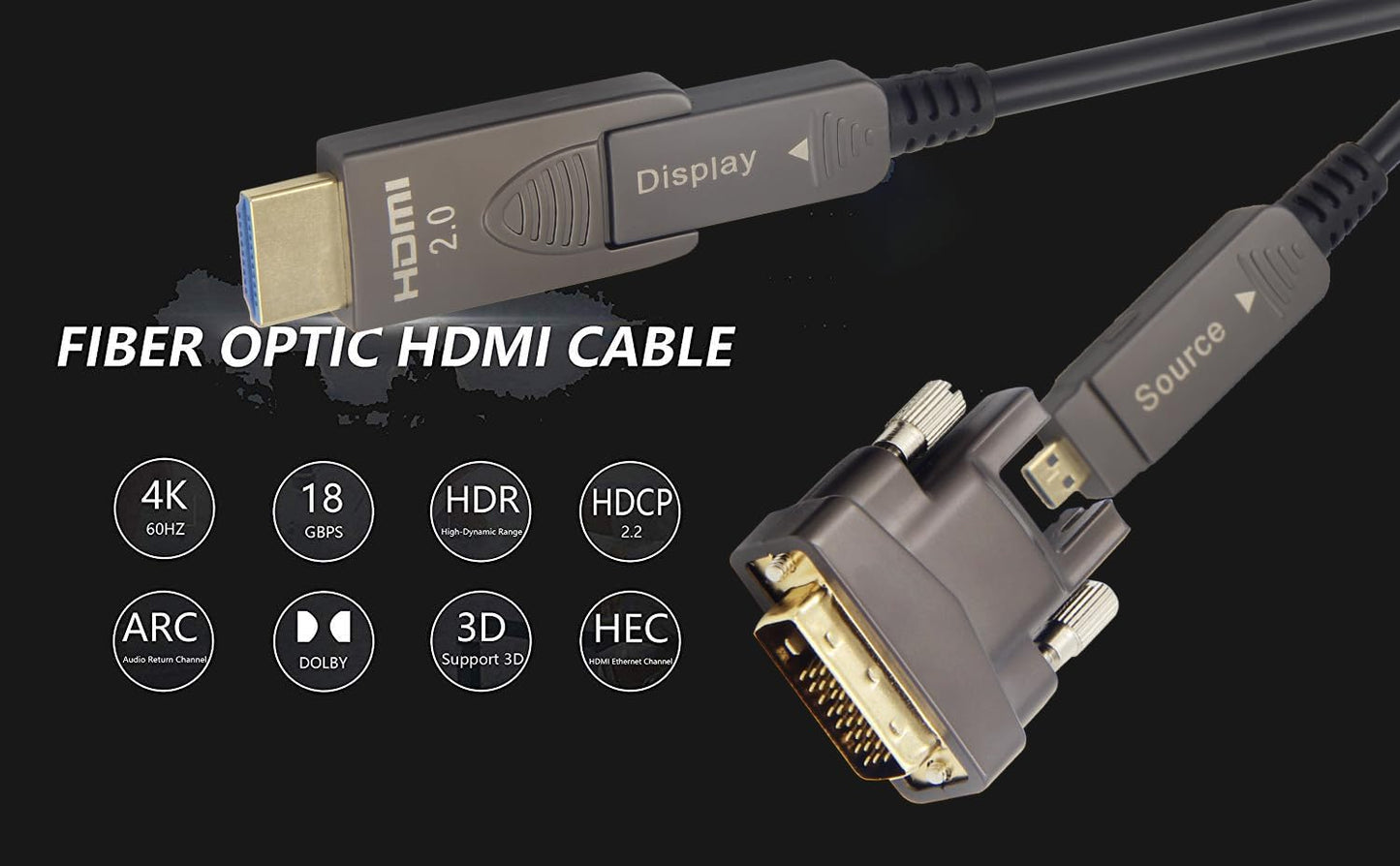 SkyeySnail HDMI AD + DVI D 10ft 4K Adapters Cable, Fiber Optic, Detachable, Micro HDMI to DVI 18Gbps Ultra Speed, Slim Flexible, Long Extended,