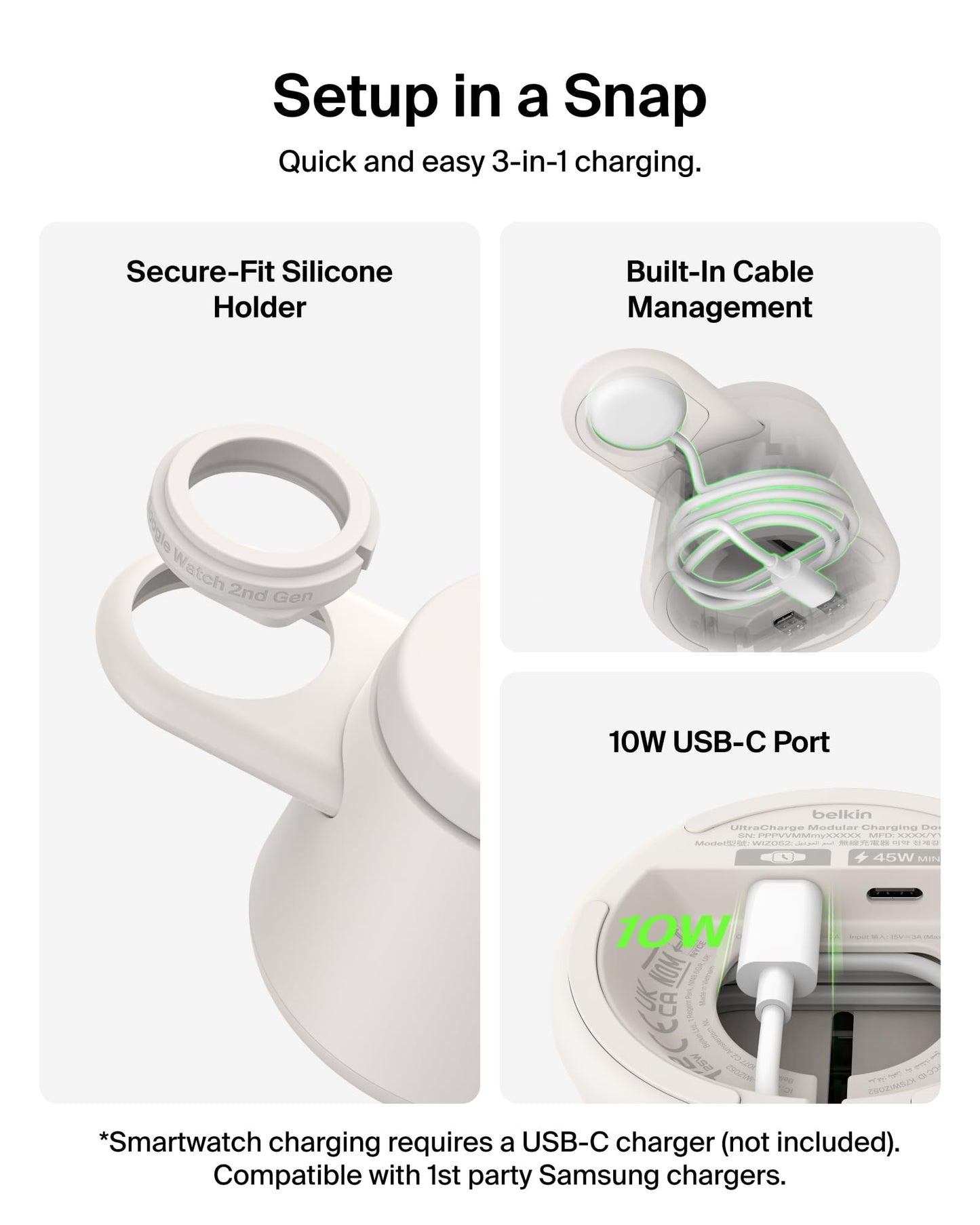 Belkin Qi2.2 25W Magnetic Wireless Charging Station, 3-in-1 Samsung Charger