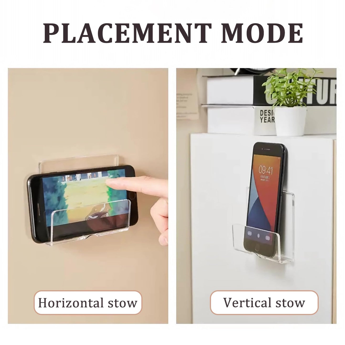 MIUPOO Clear Wall Mounted Phone Holder,Acrylic Phone Stand Self Adhesive with Charging Hole,Smartphone Cradle Bedside Organizer Remote Control Stand