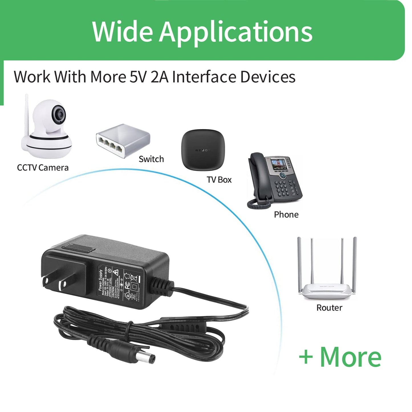Security-01 AC to DC 5V 2A 2000mA Power Supply Adapter, Plug 5.5mm x 2.1mm, UL Listed FCC