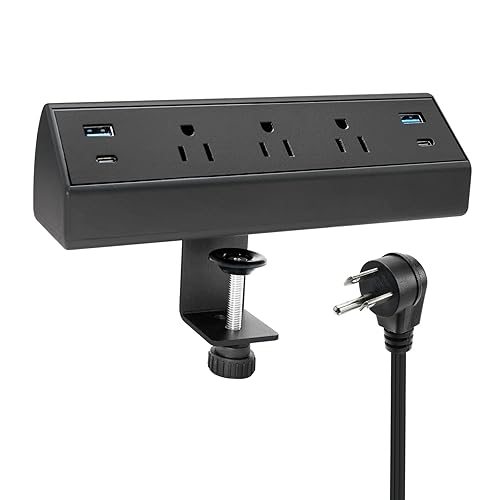 Fast Charge USB C Desk Clamp Power Strip 40W, Desktop Edge Mount 2 PD 20W USB-C Ports&2 QC 18W USB A Ports 3 Outlets Flat Plug for Home Office School