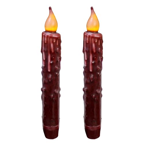 CVHOMEDECO. Real Wax Hand Dipped Battery Operated LED Timer Taper Candles Country Primitive Flameless Lights Décor, 6-3/4 Inch, Burgundy, 2 PCS in a