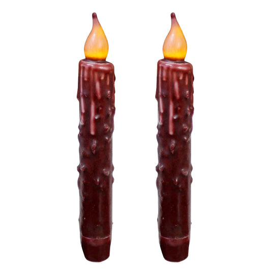 CVHOMEDECO. Real Wax Hand Dipped Battery Operated LED Timer Taper Candles Country Primitive Flameless Lights Décor, 6-3/4 Inch, Burgundy, 2 PCS in a