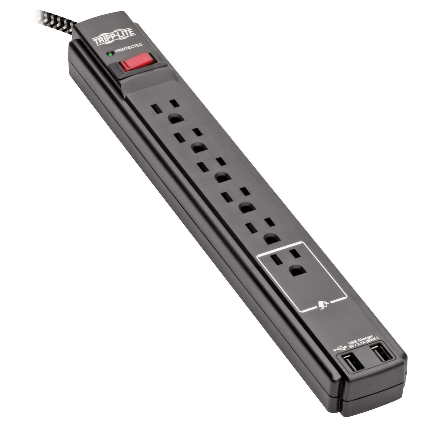 Tripp Lite Surge Protector Power Strip with USB, 6-Outlet & 2 USB Ports, Wall & Desk Mount, 10ft Braided Cord - 990 Joules, 1875 Watts Dollar 25,000