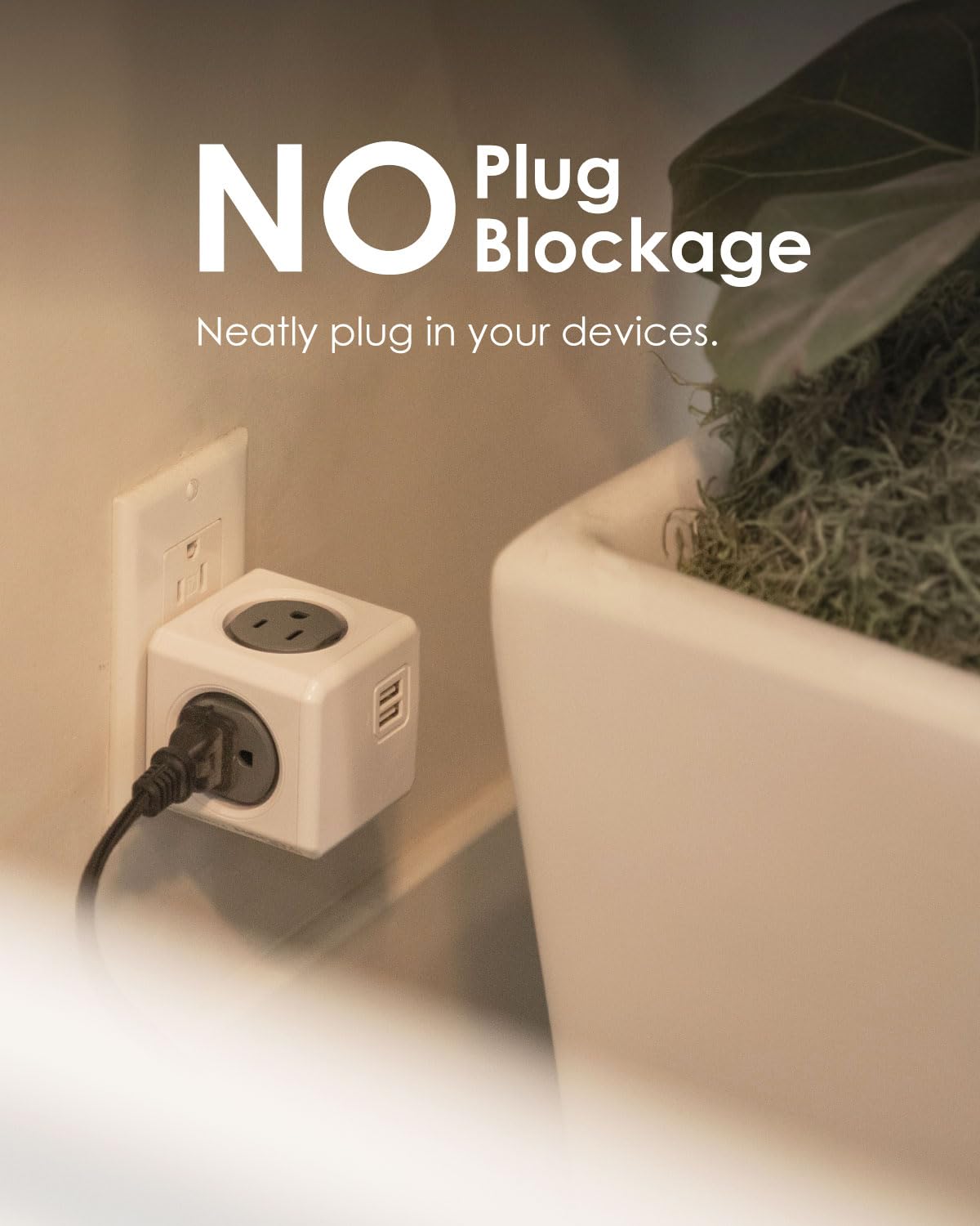 Allocacoc PowerCube Original USB; 4 Outlets Surge Protector 2 USBs Cubic Multi Socket Extender Power Tab Space Saving Compact No Blockage Dorm Home