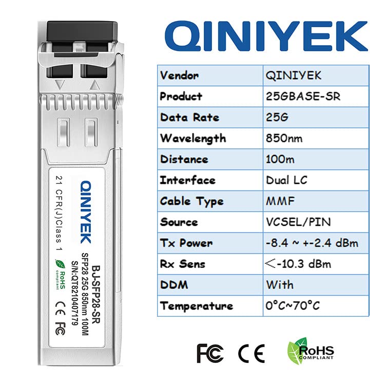 QINIYEK 25GBASE-SR SFP28 MultiMode Transceiver,25G SFP28 Optical Transceiver Module,Compatible with Cisco SFP-25G-SR-S(MMF,850nm,100m,DDM)