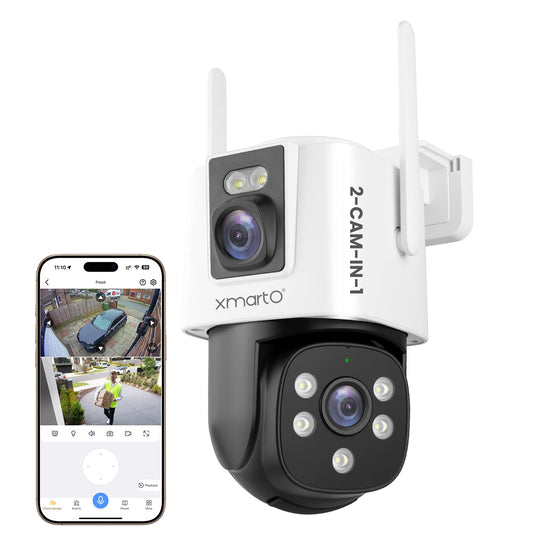 xmartO WiFi6 Dual-Lens Security Camera, 4MP QHD 2-in-1 Home Camera with 180° Static FOV & 360°PTZ AI Tracking, 5G/2.4G Dual Band, Bluetooth Easy