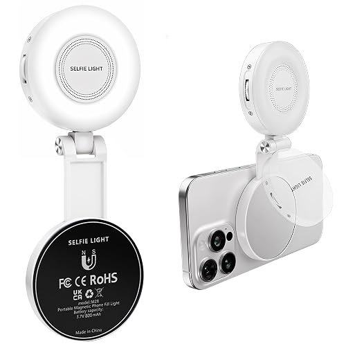 Tomum Magnetic Phone Selfie Light - Ring Lights Mirror Cell Phone Attachment Compatible for iPhone MagSafe Android with Magnetic Ring - Portable LED