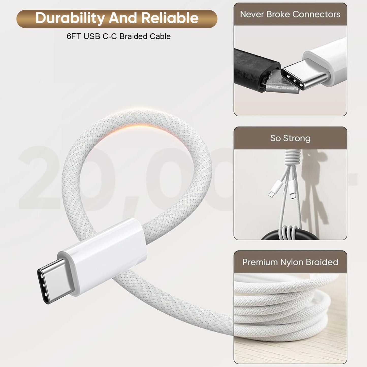 Fast Charger iPhone17/16 Charging, 3Pack 20W USB-C Charger iPhone Charger Fast Charging Type C Port Wall Plug 6FT USB C to C Woven Cable for iPhone