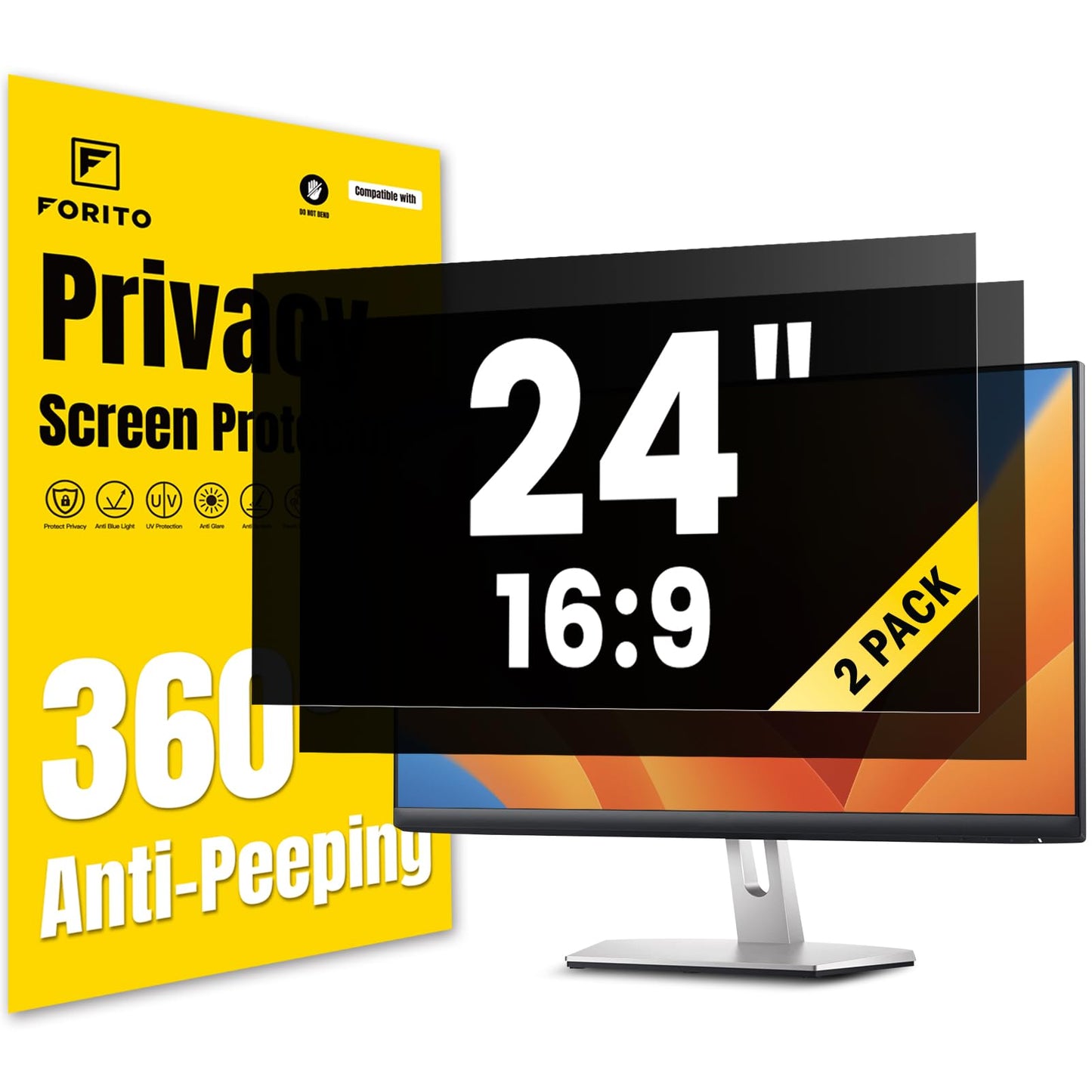 F FORITO 2-Pack 24 Inch 16:9 Privacy Screen Protector for Computer Monitor, Removable Eye Protection Anti Blue Light Anti Glare Computer Screen