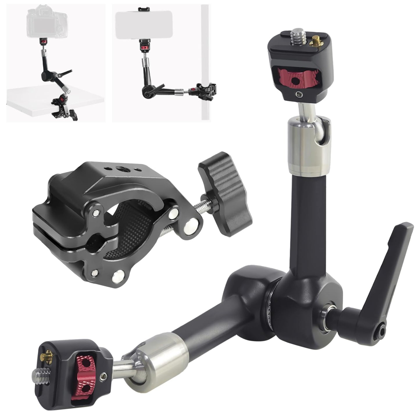 FIFIELD CNC Machined 7" Articulating Magic Arm Clamp Mount with Super Clamp, 360° Dual Ball Head & 1/4" ARRI Locating Pin&Holes, Heavy-Duty Camera