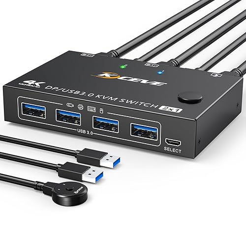 KCEVE KVM Switch 1 Monitor 2 Computers Displayport, USB 3.0 KVM Switch Displayport for 2 Computer Share 1 Monitor and 4 USB Devices, 4K@144Hz