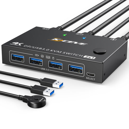 KCEVE KVM Switch 1 Monitor 2 Computers Displayport, USB 3.0 KVM Switch Displayport for 2 Computer Share 1 Monitor and 4 USB Devices, 4K@144Hz
