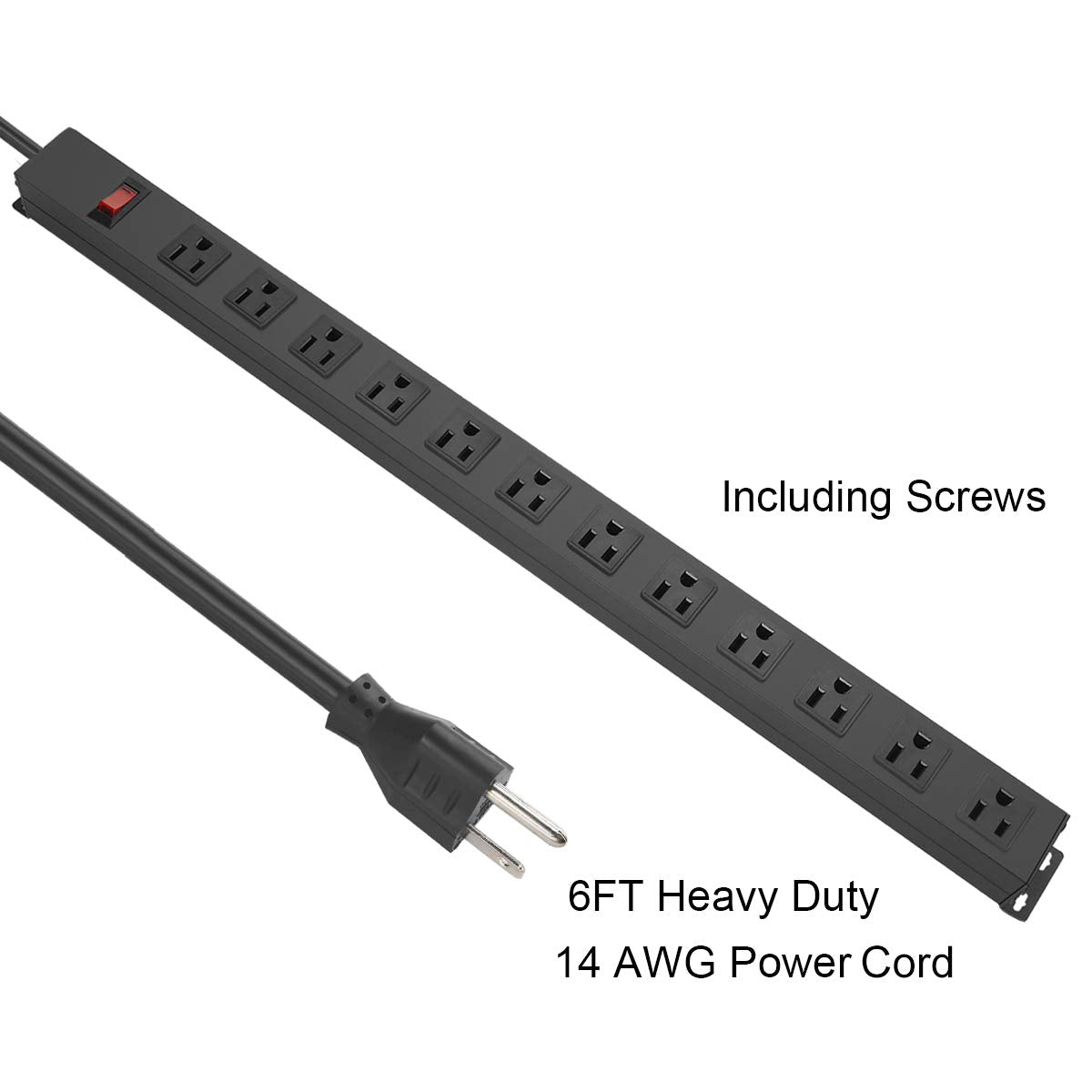 Metal Wall Mount Power Strip, Mountable Power Outlet with 12 AC Outlets, Aluminum Alloy Mount Power Socket with Switch, 6 FT SJT 3/C 14AWG Power Cord
