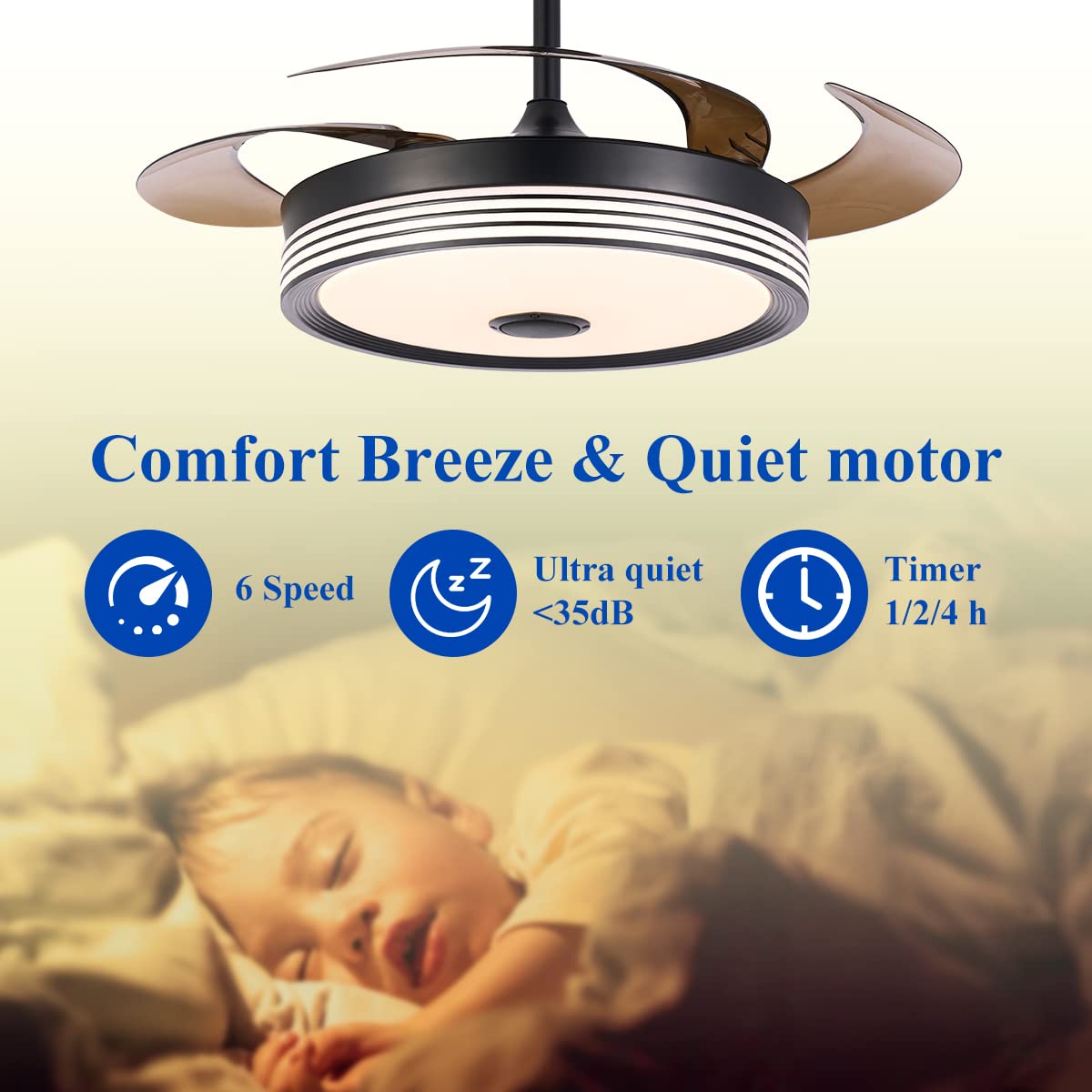42 inch Modern Retractable Ceiling Fan with Lights and Remote Control, 6Speed Dimmable Fandelier, Smart Ceiling Fan Light with Bluetooth Speaker, RGB