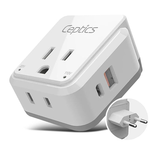 Ceptics Europe Plug Adapter, 20W PD & QC, Safe Dual USB & USB-C 3.1A - 2 USA Outlet - Compact & Powerful - Use Euro, Greece, Italy, Switzerland…