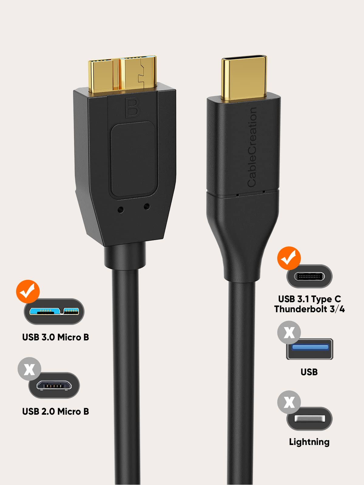CableCreation USB C to Micro B Short Cable 1FT, 10G Micro B to USB C External Hard Drive Cable for iPhone 15/16/17,Samsung Galaxy S24,Seagate WD
